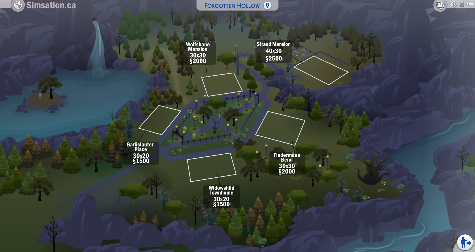 Labelled map of Forgotten Hollow showing bulldozed lots